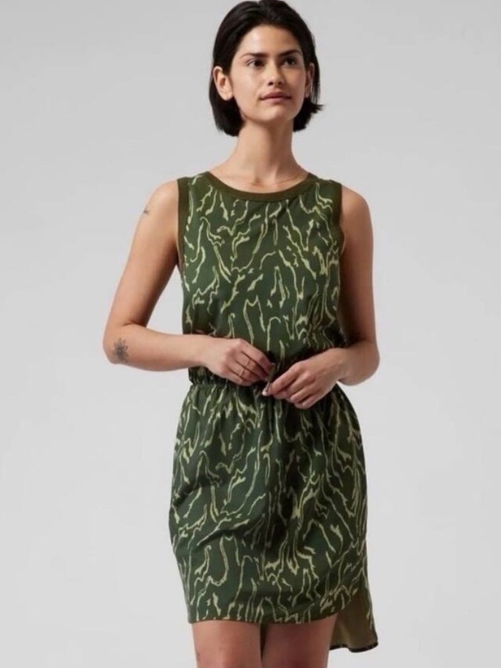 Athleta Rincon Olive Green Abstract Printed Sleeveless Athletic Tank Dress S